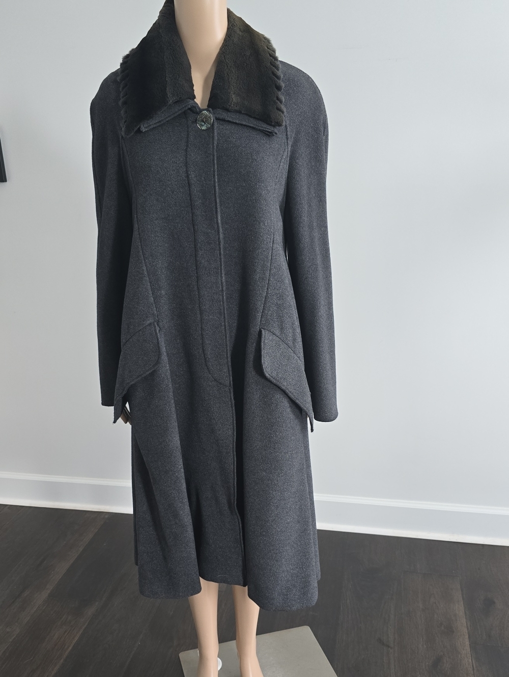 Fendi Charcoal Gray Wool Maxi Dress Coat with Dark Fur Collar